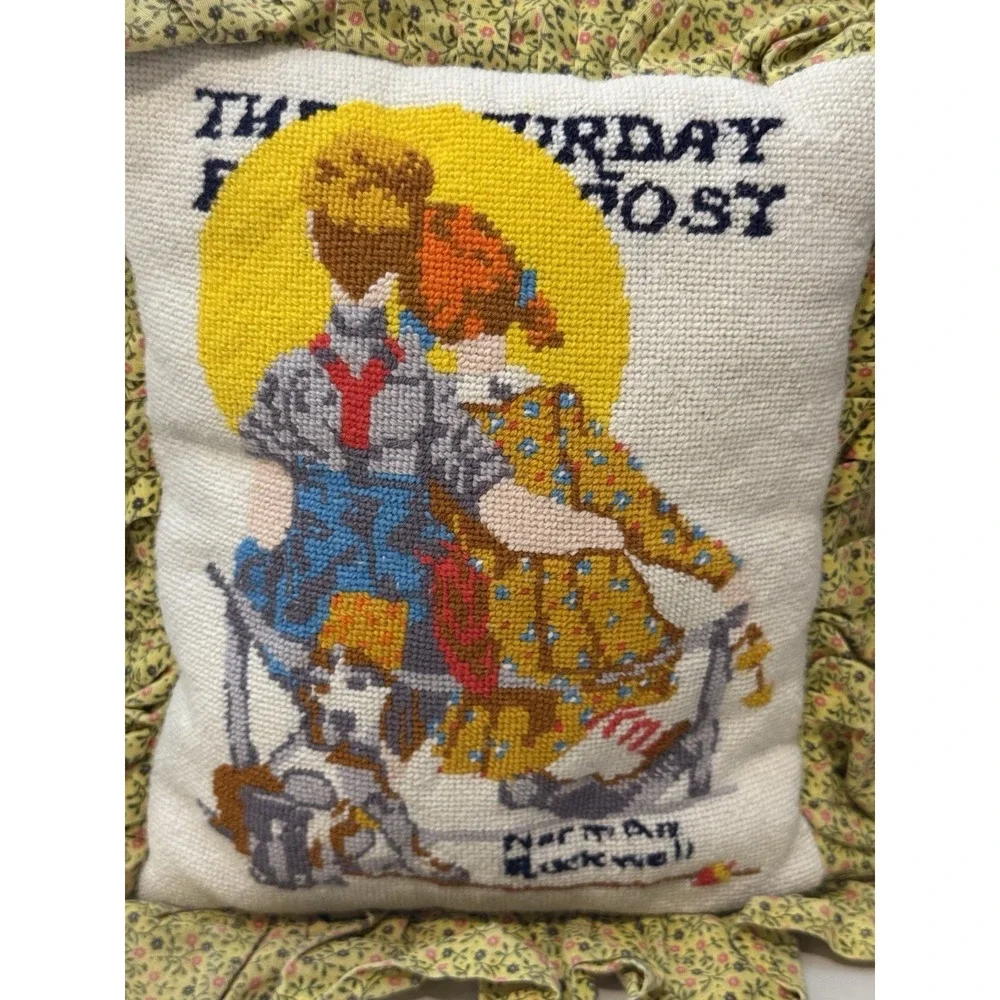 VTG Norman Rockwell Saturday Evening Post handmade Needlepoint pillow Ruffles